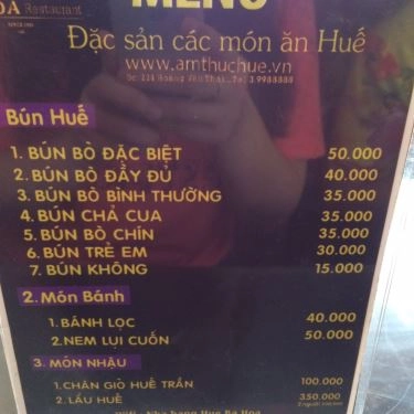 Thực đơn- Quán Ăn Bún Bò Bà Hòa - Hoàng Văn Thái