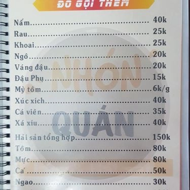 Thực đơn- Quán Ăn Nhón Quán - Lẩu & Hải Sản