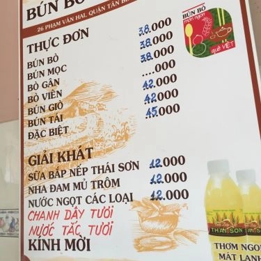 Thực đơn- Quán Ăn Như Ý - Bún Mọc & Bún Bò