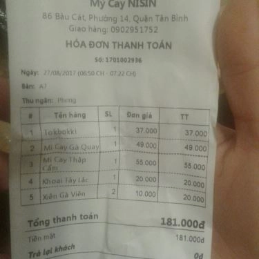 Thực đơn- Quán Ăn Nisin - Mì Cay 7 Cấp Độ