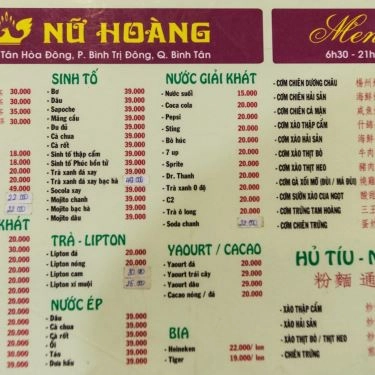 Thực đơn- Nữ Hoàng - Quán Ăn Gia Đình