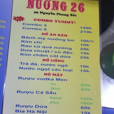 Thực đơn- Quán Ăn Nướng 26 - Nguyễn Phong Sắc