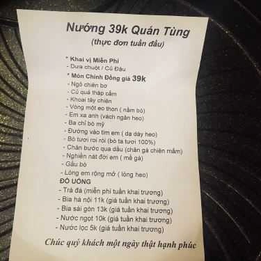 Thực đơn- Quán Tùng - Nướng 39