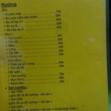 Thực đơn- Quán Ăn Nướng Lẩu Các Loại - Trần Khát Chân