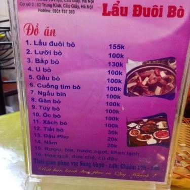 Thực đơn- Quán Ăn O Hiền - Bún Bò Huế & Lẩu Đuôi Bò - Tô Hiệu