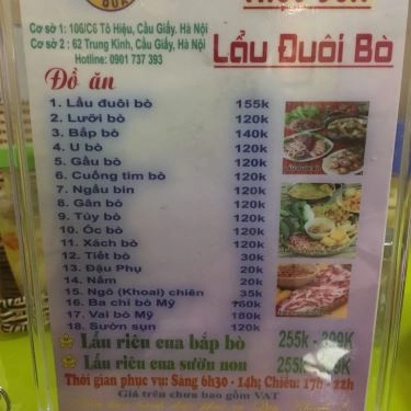 Thực đơn- Quán Ăn O Hiền - Bún Bò Huế & Lẩu Đuôi Bò - Trung Kính