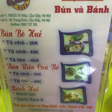 Thực đơn- Quán Ăn O Hiền - Bún Bò Huế & Lẩu Đuôi Bò - Trung Kính