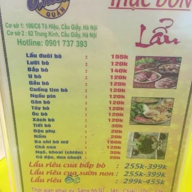 Thực đơn- Quán Ăn O Hiền - Bún Bò Huế & Lẩu Đuôi Bò - Trung Kính