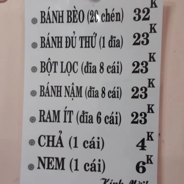 Thực đơn- Quán Ăn O Trinh - Bánh Bèo Huế - Bùi Thị Xuân