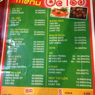 Thực đơn- Quán Ăn Ốc 165 - Bành Văn Trân