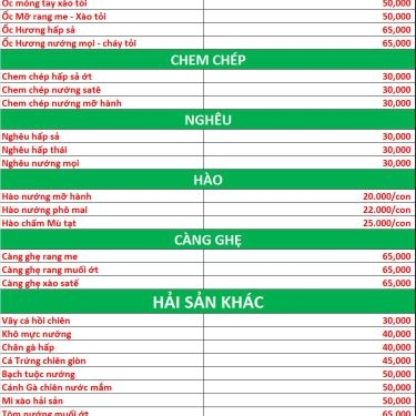 Thực đơn- Quán Ăn Ốc Bụi - Liên Xã Tân Hiệp