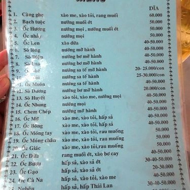 Thực đơn- Quán Ăn Ốc Cô Sáu 79