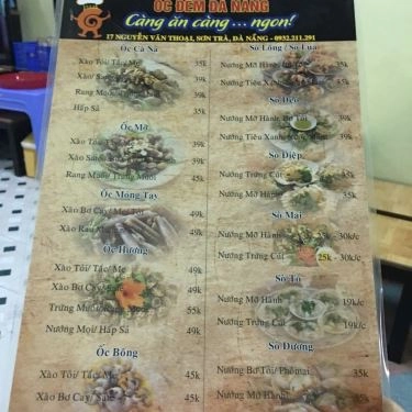 Thực đơn- Quán Ăn Ốc Đêm Đà Nẵng