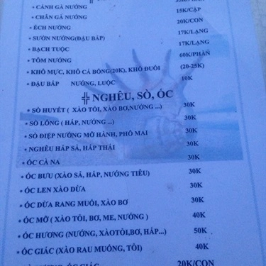 Thực đơn- Quán Ăn Ốc Đường Ray - Phạm Văn Đồng