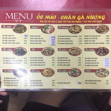 Thực đơn- Quán Ăn Ốc Mút & Chân Gà Nướng - Trần Đại Nghĩa