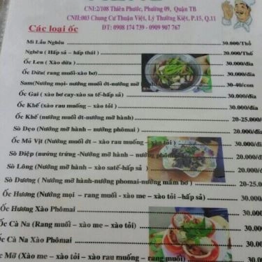 Thực đơn- Quán Ăn Ốc Phương - Thiên Phước