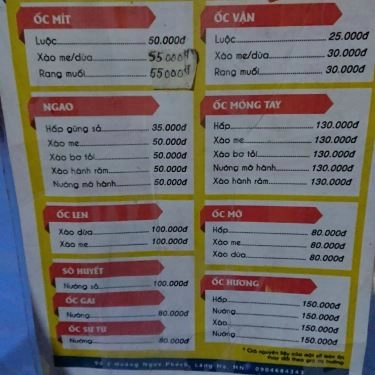 Thực đơn- Quán Ăn Phi Hùng - Ốc Xào Me Cay