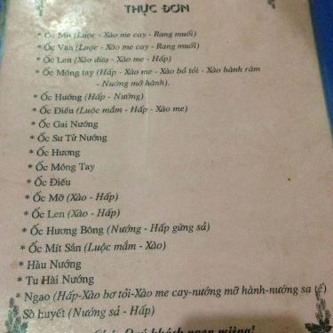 Thực đơn- Quán Ăn Phi Hùng - Ốc Xào Me Cay