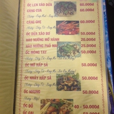 Thực đơn- Quán Ăn Ốc Thành