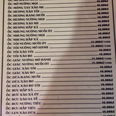 Thực đơn- Quán Ăn Ốc Tiên - Lê Văn Sỹ