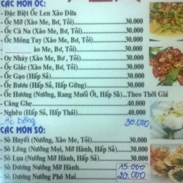 Thực đơn- Quán Ăn Ốc Yến - Chợ Vườn Chuối