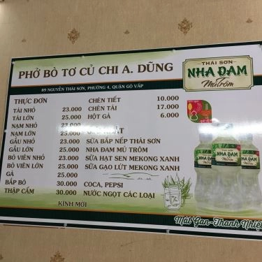 Thực đơn- Quán Ăn Phở Bò Tơ Củ Chi A. Dũng