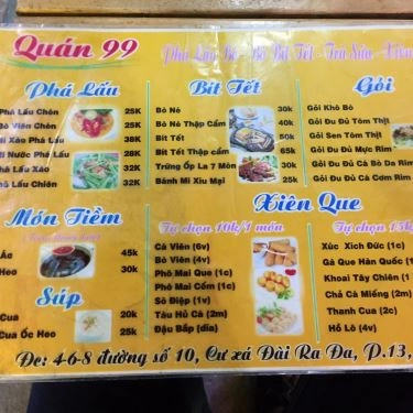 Thực đơn- Quán Ăn Phá Lấu Bò 99