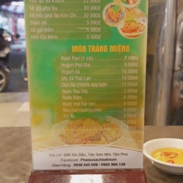 Thực đơn- Quán Ăn Phá Lấu Sạch Ba Khum