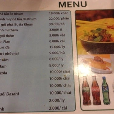 Thực đơn- Quán Ăn Phá Lấu Sạch Ba Khum