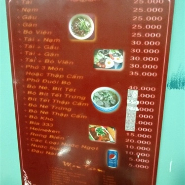 Thực đơn- Quán Ăn Phở Bò Công Lan