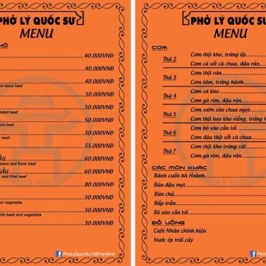 Thực đơn- Quán Ăn Phở Lý Quốc Sư - Mỹ Đình Plaza