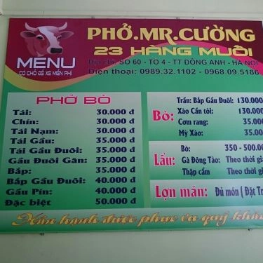Thực đơn- Quán Ăn Phở Mr Cường Hàng Muối - Thị Trấn Đông Anh