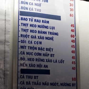 Thực đơn- Quán Ăn Phú Chiêm - Hương vị xứ Quảng
