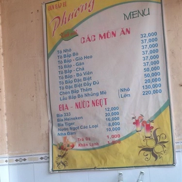 Thực đơn- Quán Ăn Quán Phương - Bún Bắp Bò