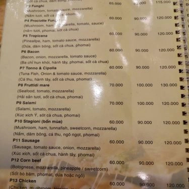 Thực đơn- Quán Ăn Pizza Chảo - Văn Quán