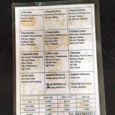 Thực đơn- Quán Ăn Pizza & Pasta - Nguyễn Hoàng Tôn