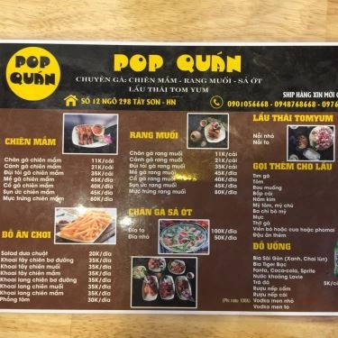 Thực đơn- Quán Ăn Pop Quán - Chân Gà & Cánh Gà Nướng - Tây Sơn