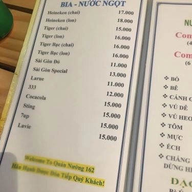 Thực đơn- Quán Ăn Quán 162 - Món Nướng