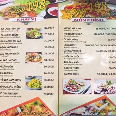 Thực đơn- Quán Ăn Quán 198 - Xương Má Hàm & Bò Nhúng Giấm