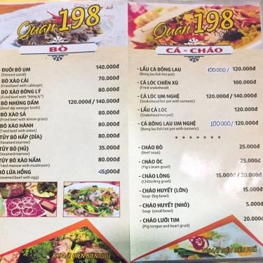 Thực đơn- Quán Ăn Quán 198 - Xương Má Hàm & Bò Nhúng Giấm