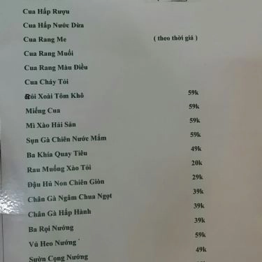 Thực đơn- Quán Ăn Quán 3 Chị Em - Cua Cà Mau