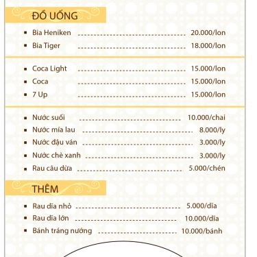Thực đơn- Quán Ăn Hoa Cau - Đặc Sản Quảng Ngãi