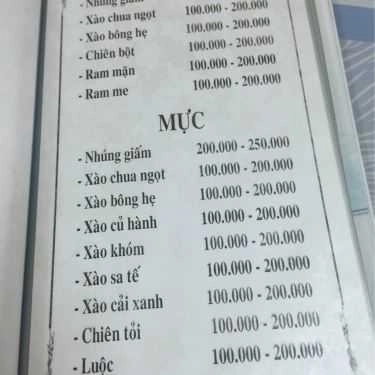 Thực đơn- Quán Ăn Hương Biển Quán - Mạc Thiên Tích