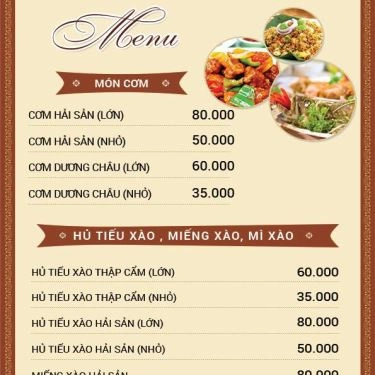 Thực đơn- Quán Ăn Quyền Ký - Hủ Tiếu, Cơm Chiên, Lẩu & Hải Sản