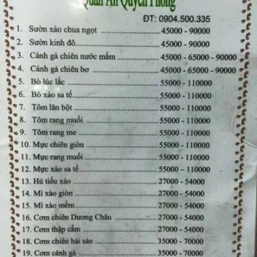 Thực đơn- Quán Ăn Quyền Phong