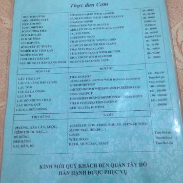 Thực đơn- Quán Ăn Tây Hồ