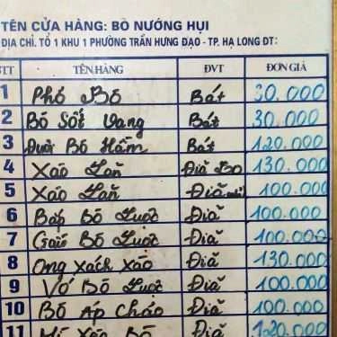 Thực đơn- Quán Bò Hụi