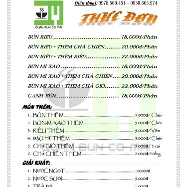 Thực đơn- Quán Ăn Quán Bún Cô Mai