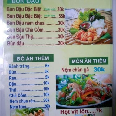 Thực đơn- Quán Ăn Quán Bún Đậu Mắm Tôm 1986