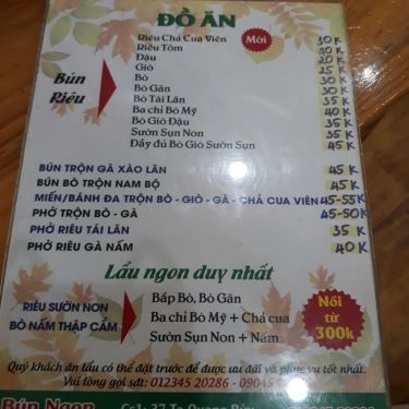 Thực đơn- Quán Ăn Quán Bún Ngon - Đặng Văn Ngữ